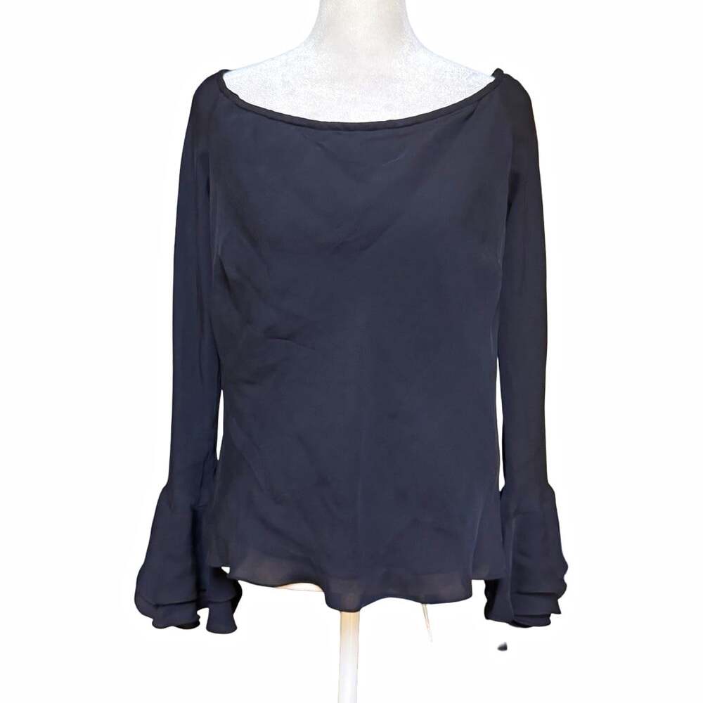 Lauren Ralph Lauren Black Chiffon Silk Blend Ruffle Bell Sleeve Boat Neck 12